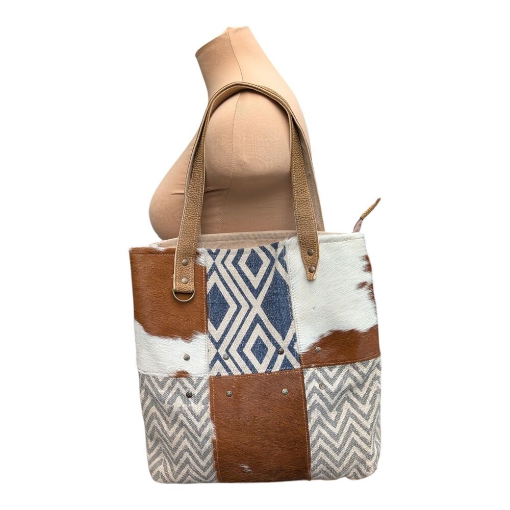Patchwork Cowhide Hairon Tote Large Weekend Leather Canvas Shoulder Purse